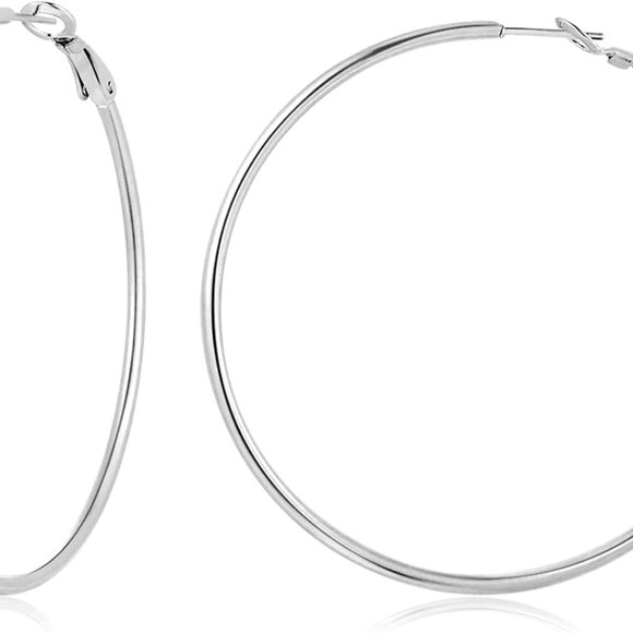 Silver 50mm Hypoallergenic Hoop Earrings with Cubic Zirconia for Women, Dainty D - Picture 1 of 7